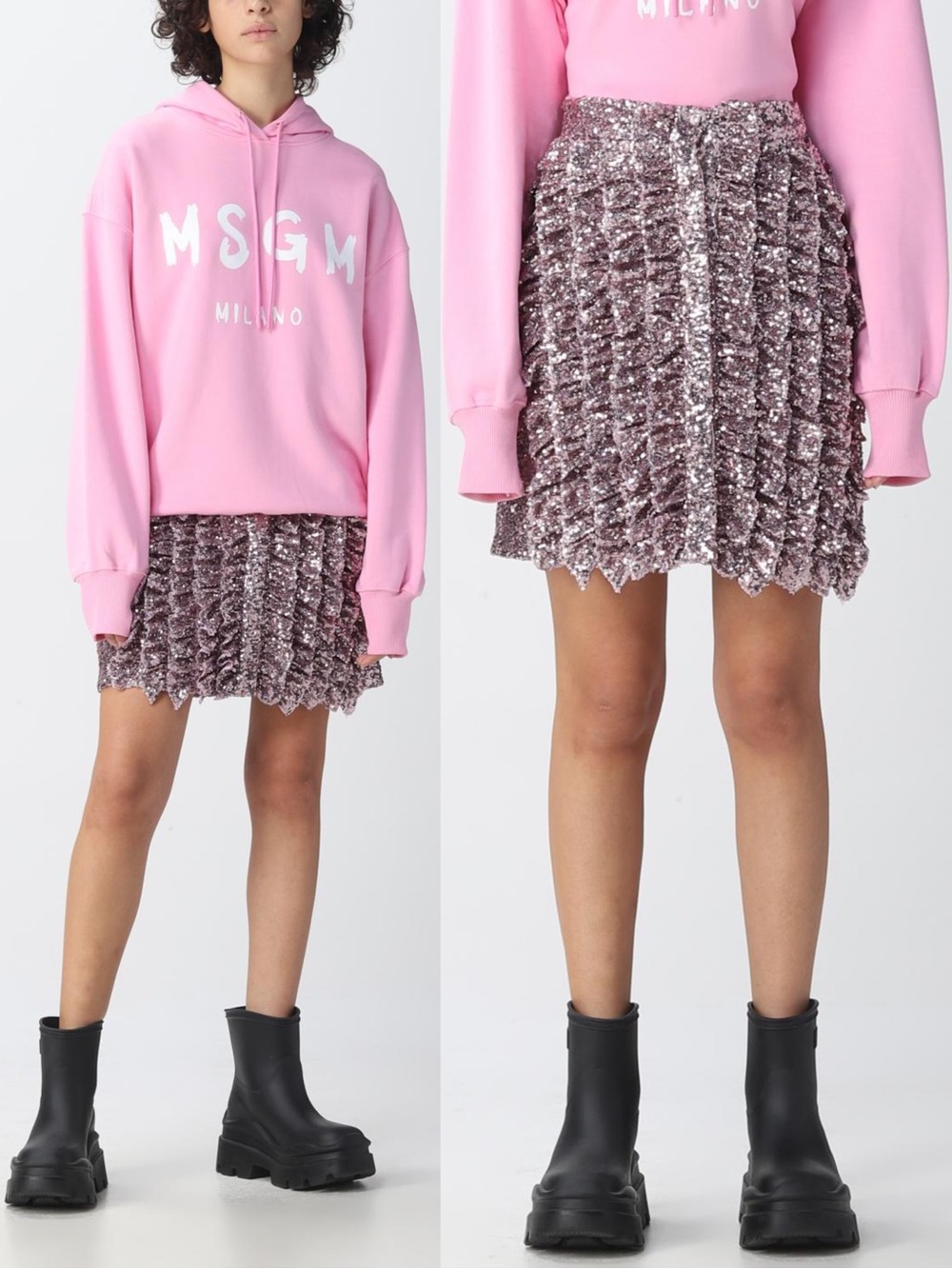 MSGM Milano Sequin Ruffle Tiered Mini Skirt in Rose Gold Pink IT 40 US 6 Small